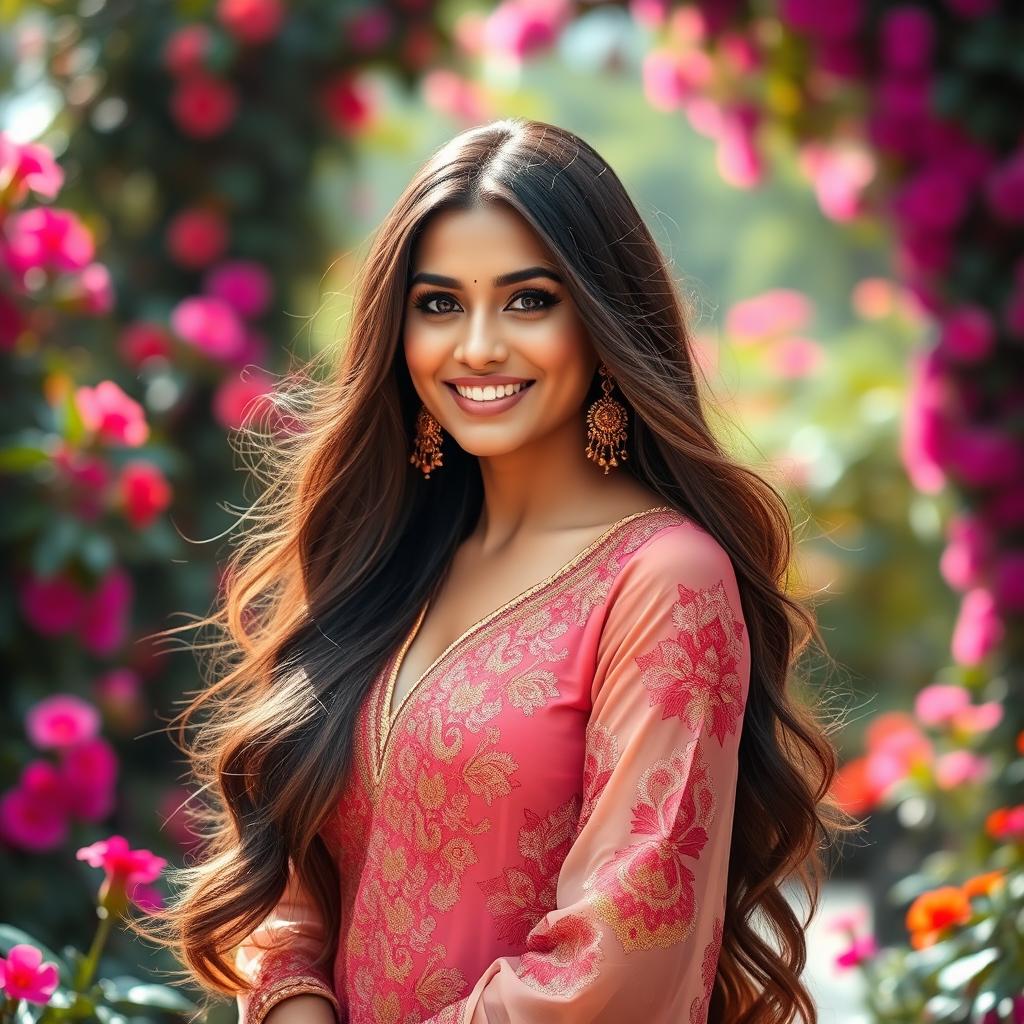 A glamorous portrait of a beautiful young woman inspired by Kriti Sanon, featuring long flowing hair, dressed in an elegant fashion designer outfit that blends traditional and modern elements