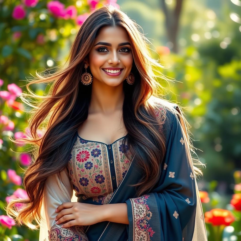 A glamorous portrait of a beautiful young woman inspired by Kriti Sanon, featuring long flowing hair, dressed in an elegant fashion designer outfit that blends traditional and modern elements