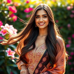 A glamorous portrait of a beautiful young woman inspired by Kriti Sanon, featuring long flowing hair, dressed in an elegant fashion designer outfit that blends traditional and modern elements