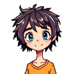 A pixel art character of a boy with medium-long hair styled towards the front, wearing a headband on his forehead