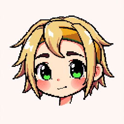 A pixel art character of a boy with medium-long hair styled towards the front, wearing a headband on his forehead