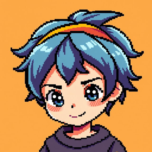 A pixel art character of a boy with medium-long hair styled towards the front, wearing a headband on his forehead