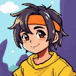 A pixel art character of a boy with medium-long hair styled towards the front, wearing a headband on his forehead