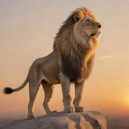 A proud, noble lion known as Arslan, standing majestically on top of a rocky cliff overlooking a sprawling savannah beneath a golden sunset.