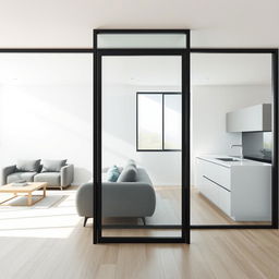 A modern interior featuring a fixed glass partition measuring 1200mm wide and 900mm high, positioned 1000mm from the floor