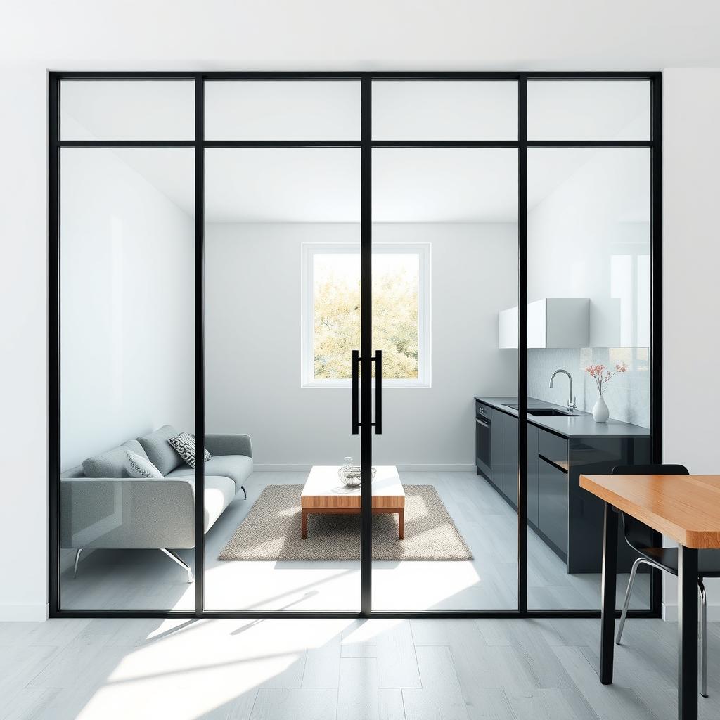 A modern interior featuring a fixed glass partition measuring 1200mm wide and 900mm high, positioned 1000mm from the floor