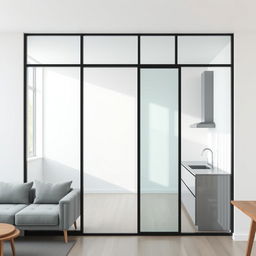 A modern interior featuring a fixed glass partition measuring 1200mm wide and 900mm high, positioned 1000mm from the floor