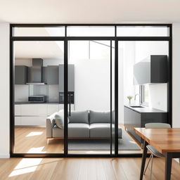 A modern interior featuring a fixed glass partition measuring 1200mm wide and 900mm high, positioned 1000mm from the floor