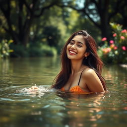 A serene and lush setting featuring a beautiful woman, inspired by Kriti Sanon, enjoying a peaceful moment by a tranquil body of water, surrounded by nature