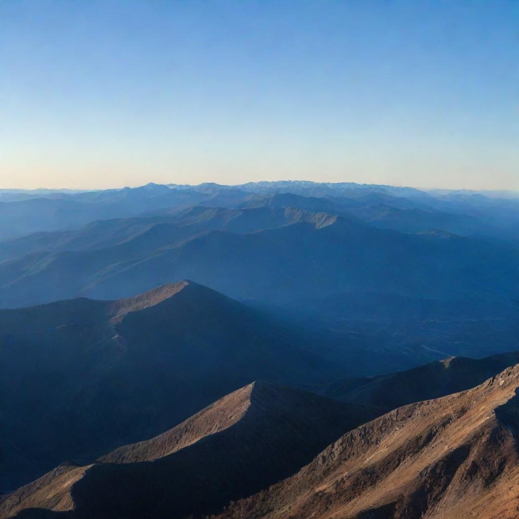 A panoramic view of a serene mountain range at dawn, the horizon basking in the early morning light, with a clear, cobalt blue sky above.