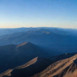 A panoramic view of a serene mountain range at dawn, the horizon basking in the early morning light, with a clear, cobalt blue sky above.