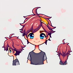 A pixel art character of a boy with medium-long hair styled towards the front and also flowing back, wearing a headband on his forehead