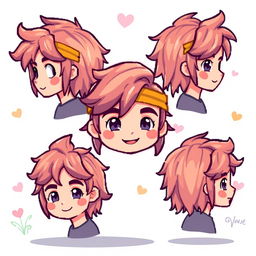 A pixel art character of a boy with medium-long hair styled towards the front and also flowing back, wearing a headband on his forehead