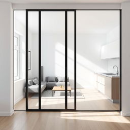 A modern interior featuring a wall seamlessly opened by a fixed glass partition measuring 1200mm wide and 900mm high, positioned 1000mm from the floor