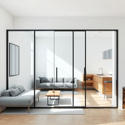 A modern interior featuring a wall seamlessly opened by a fixed glass partition measuring 1200mm wide and 900mm high, positioned 1000mm from the floor