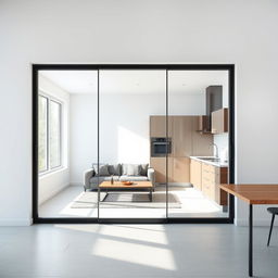 A modern interior featuring a wall seamlessly opened by a fixed glass partition measuring 1200mm wide and 900mm high, positioned 1000mm from the floor