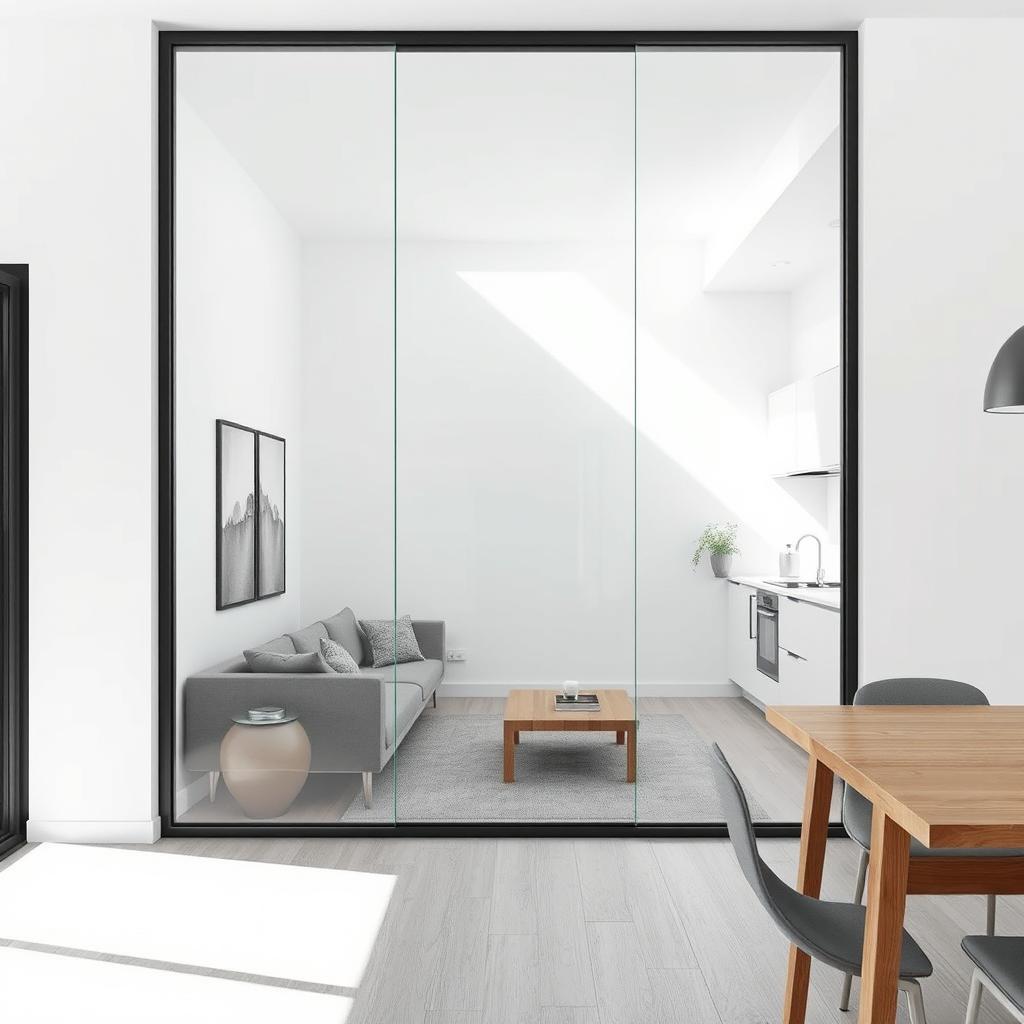 A modern interior featuring a wall seamlessly opened by a fixed glass partition measuring 1200mm wide and 900mm high, positioned 1000mm from the floor