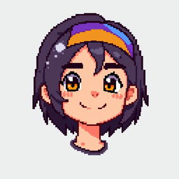 A pixel art character of a boy with medium-long hair, styled to fall naturally around his face, wearing a colorful headband on his forehead