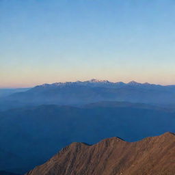 A panoramic view of a serene mountain range at dawn, the horizon basking in the early morning light, with a clear, cobalt blue sky above.