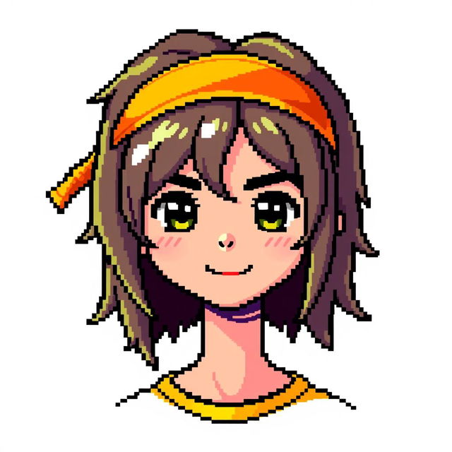 A pixel art character of a boy with medium-long hair, styled to fall naturally around his face, wearing a colorful headband on his forehead