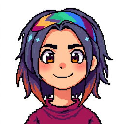 A pixel art character of a boy with medium-long hair, styled to fall naturally around his face, wearing a colorful headband on his forehead