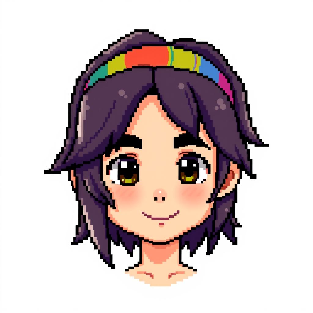 A pixel art character of a boy with medium-long hair, styled to fall naturally around his face, wearing a colorful headband on his forehead