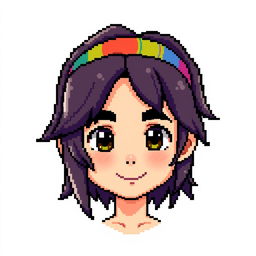 A pixel art character of a boy with medium-long hair, styled to fall naturally around his face, wearing a colorful headband on his forehead