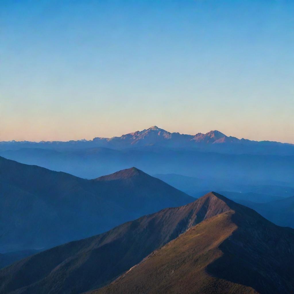 A panoramic view of a serene mountain range at dawn, the horizon basking in the early morning light, with a clear, cobalt blue sky above.