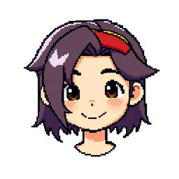 A pixel art character of a boy with medium-long hair, featuring hair that falls around his face and is styled neatly, wearing a headband on his forehead