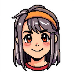 A pixel art character of a boy with medium-long hair, featuring hair that falls around his face and is styled neatly, wearing a headband on his forehead