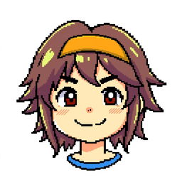 A pixel art character of a boy with medium-long hair, featuring hair that falls around his face and is styled neatly, wearing a headband on his forehead