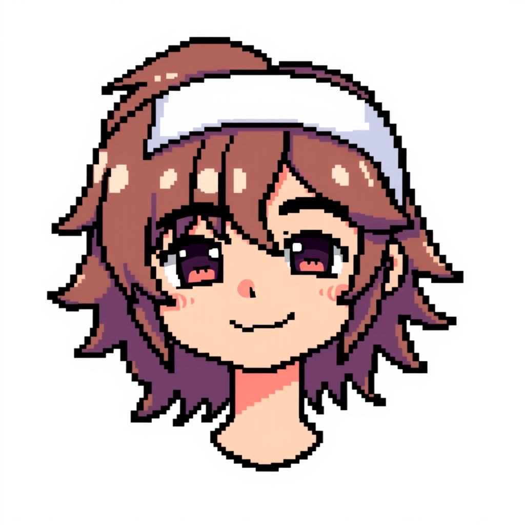 A pixel art character of a boy with medium-long hair, featuring hair that falls around his face and is styled neatly, wearing a headband on his forehead