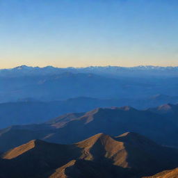 A panoramic view of a serene mountain range at dawn, the horizon basking in the early morning light, with a clear, cobalt blue sky above.