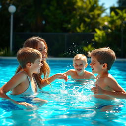 A serene and joyful scene of a beautiful woman enjoying a sunlit outdoor pool, surrounded by playful young boys who are laughing and splashing water
