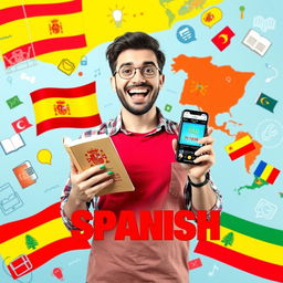 A vibrant and eye-catching horizontal book cover featuring a man in the center, with an excited and motivated expression, holding a Spanish textbook in one hand and a smartphone displaying a language learning app in the other