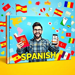 A vibrant and eye-catching horizontal book cover featuring a man in the center, with an excited and motivated expression, holding a Spanish textbook in one hand and a smartphone displaying a language learning app in the other