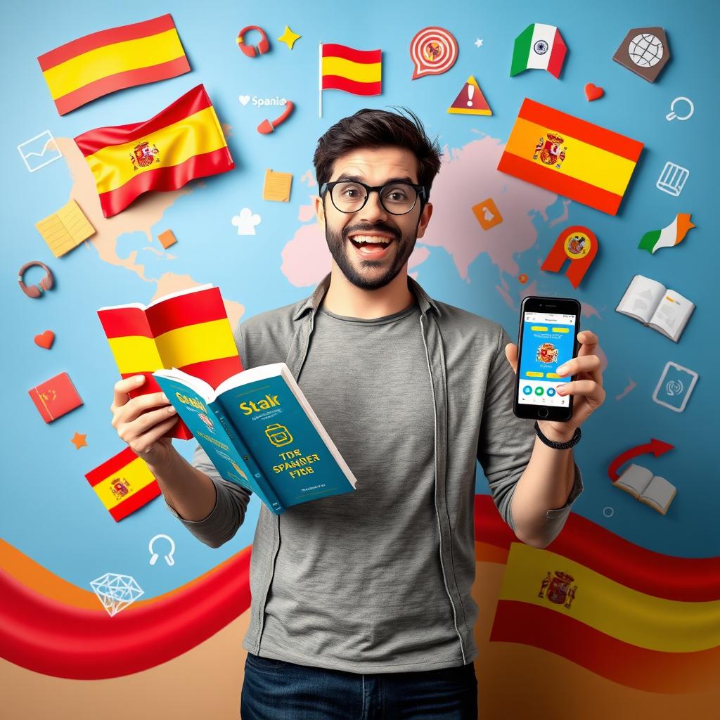 A vibrant and eye-catching horizontal book cover featuring a man in the center, with an excited and motivated expression, holding a Spanish textbook in one hand and a smartphone displaying a language learning app in the other