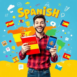 A vibrant and eye-catching horizontal book cover featuring a man in the center, with an excited and motivated expression, holding a Spanish textbook in one hand and a smartphone displaying a language learning app in the other