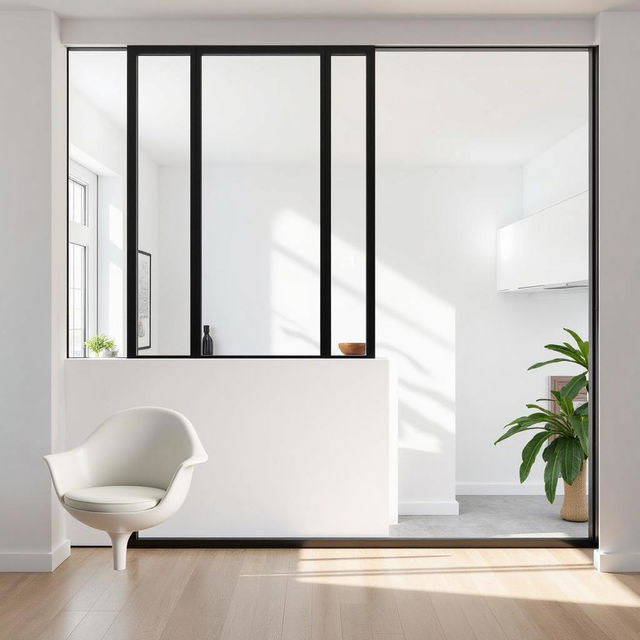 A modern interior featuring a fixed glass partition separating two rooms, with a white wall highlighting the contrast