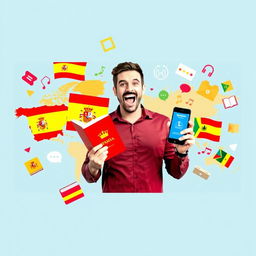 A vibrant and eye-catching horizontal book cover featuring a man in the center, with an excited and motivated expression, holding a Spanish textbook in one hand and a smartphone displaying a language learning app in the other