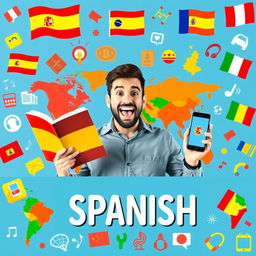 A vibrant and eye-catching horizontal book cover featuring a man in the center, with an excited and motivated expression, holding a Spanish textbook in one hand and a smartphone displaying a language learning app in the other