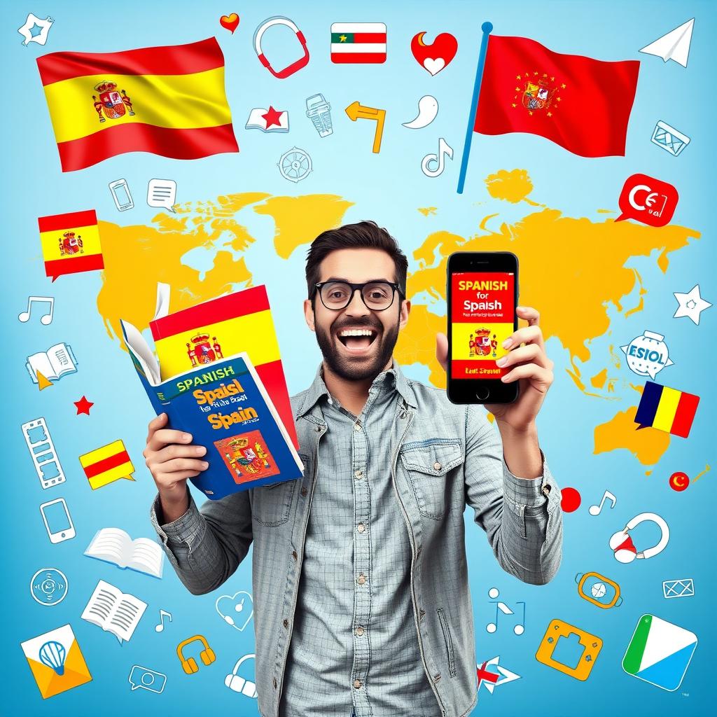 A vibrant and eye-catching horizontal book cover featuring a man in the center, with an excited and motivated expression, holding a Spanish textbook in one hand and a smartphone displaying a language learning app in the other