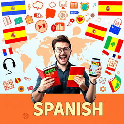 A vibrant and eye-catching horizontal book cover featuring a man in the center, with an excited and motivated expression, holding a Spanish textbook in one hand and a smartphone displaying a language learning app in the other