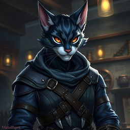 A male D&D character inspired by a fishercat, featuring cat-like ears, sleek fur patterned in shades of deep blue and grey, and a mischievous grin