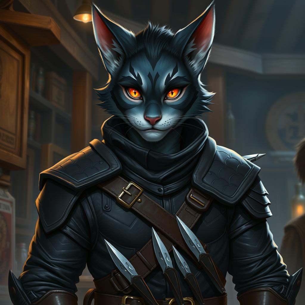 A male D&D character inspired by a fishercat, featuring cat-like ears, sleek fur patterned in shades of deep blue and grey, and a mischievous grin