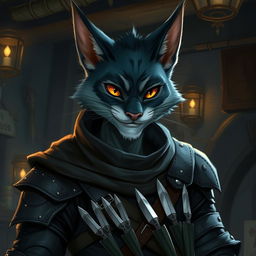 A male D&D character inspired by a fishercat, featuring cat-like ears, sleek fur patterned in shades of deep blue and grey, and a mischievous grin