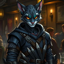 A male D&D character inspired by a fishercat, featuring cat-like ears, sleek fur patterned in shades of deep blue and grey, and a mischievous grin