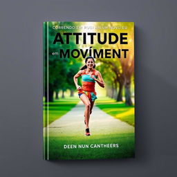 A captivating book cover for 'Atitude em Movimento: Correndo em busca de um novo eu' featuring an inspiring scene of a runner in mid-stride, showcasing determination and resilience