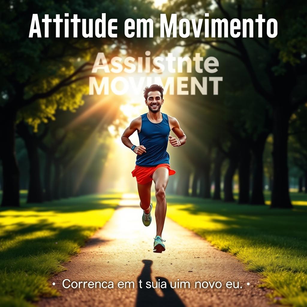 A captivating book cover for 'Atitude em Movimento: Correndo em busca de um novo eu' featuring an inspiring scene of a runner in mid-stride, showcasing determination and resilience