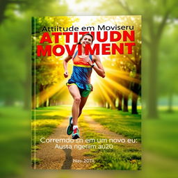 A captivating book cover for 'Atitude em Movimento: Correndo em busca de um novo eu' featuring an inspiring scene of a runner in mid-stride, showcasing determination and resilience